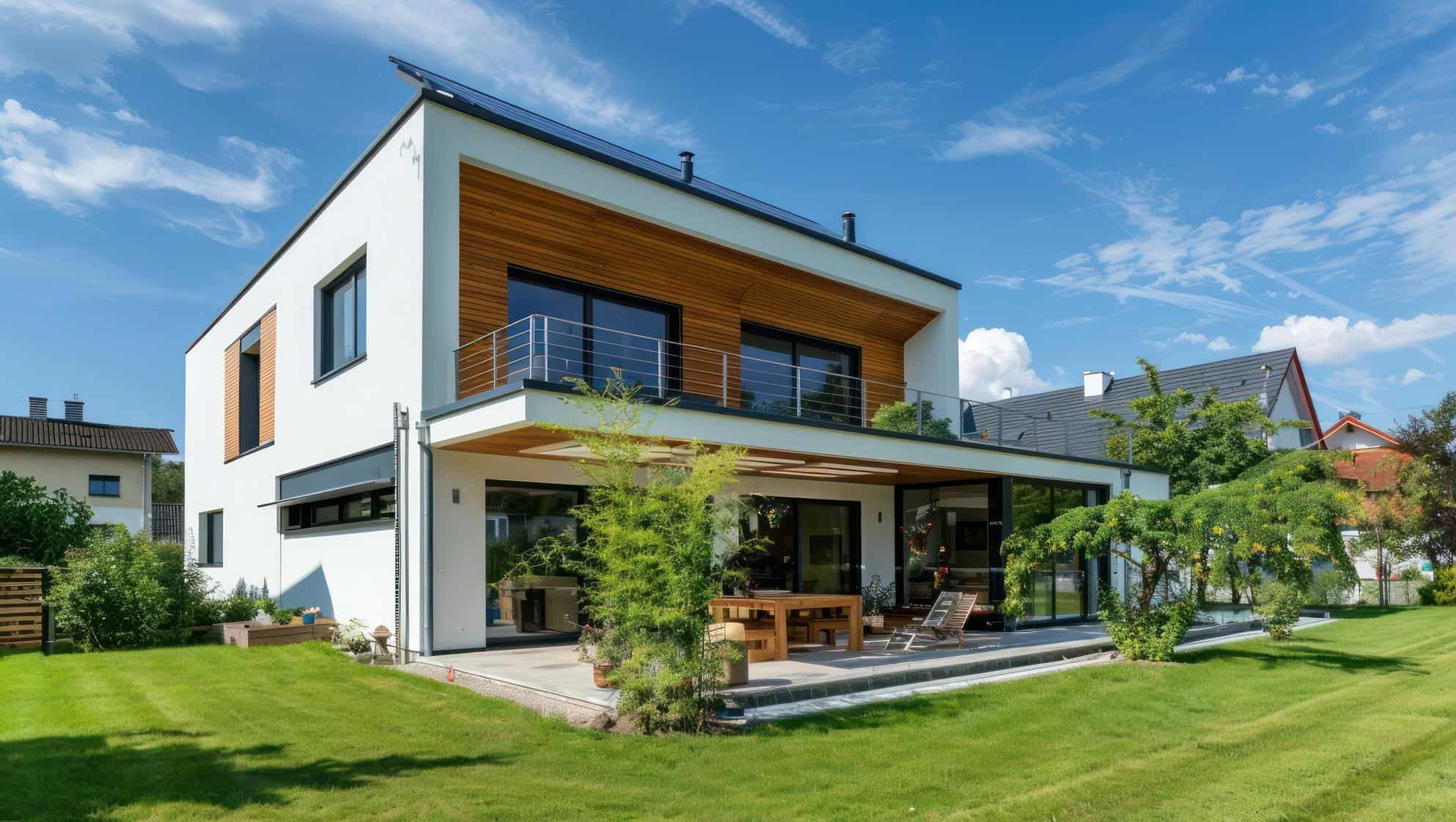 Moderne enebolig med store vinduer, balkong og terrasse i velstelt hageområde.